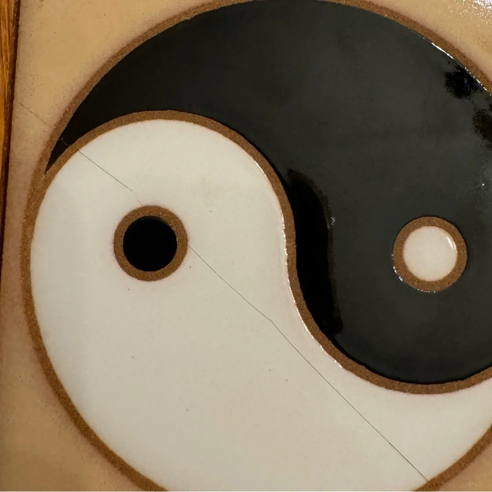 Vintage Arius Tile Co. 4in Yin Yang Ceramic Tile with Wooden Frame